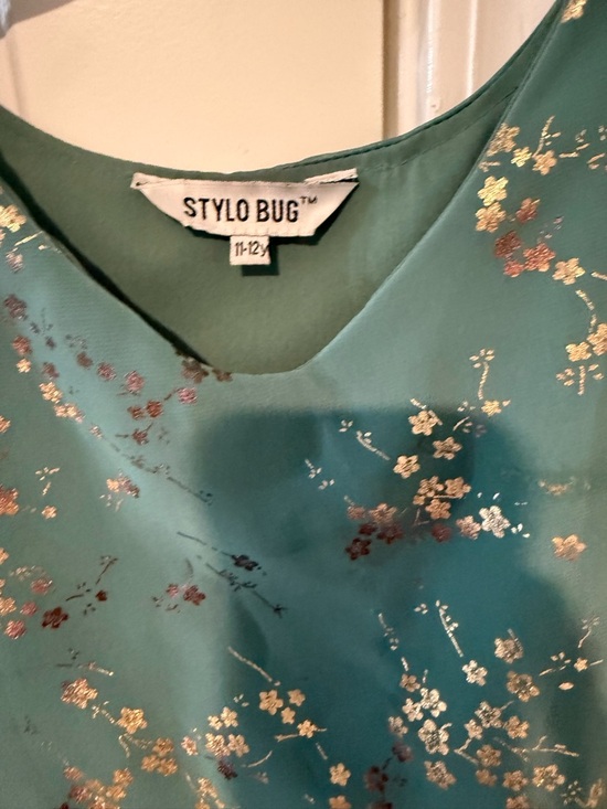 Girls' Teal Floral Cape Sleeve Tiered Indian Dress - Picture 2 of 2